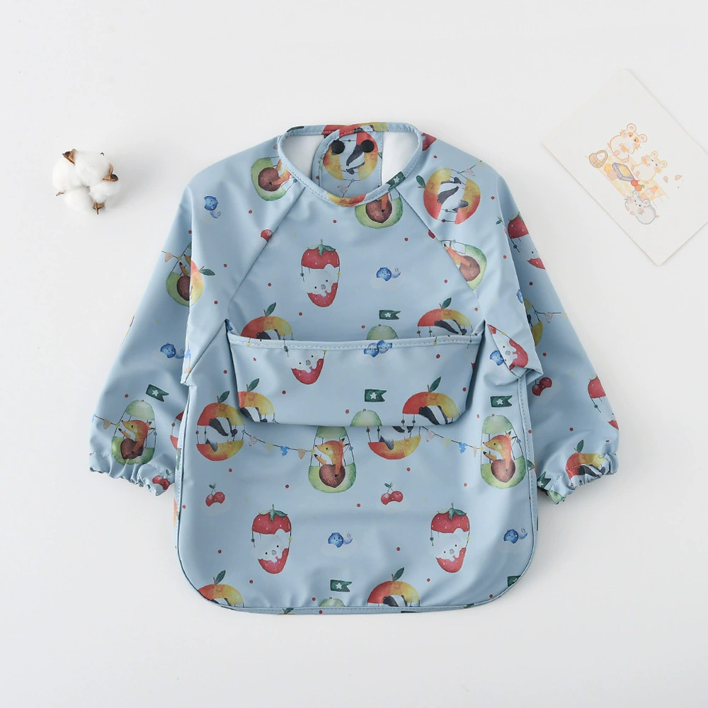 Детский водонепроницаемый полиуретановый слюнявчик для еды с завязками позади, с карманом, защищённый от грязи