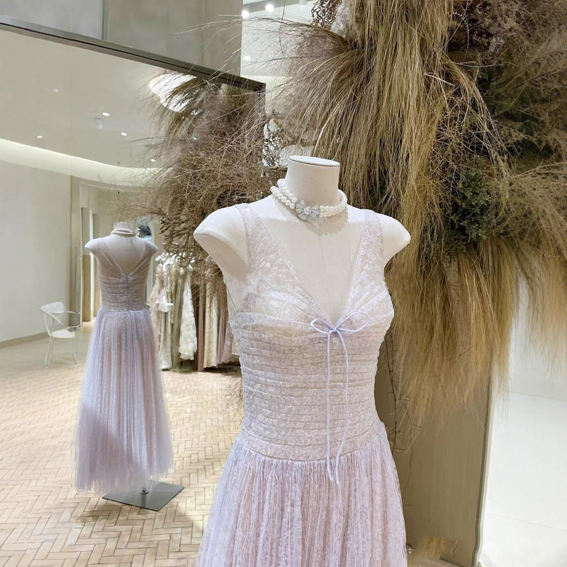 Vietnamese Niche Fairy Dress Stunning Goddess Mesh Fishbone V-Neck Heavy-Duty Long Dress Dress Wedding