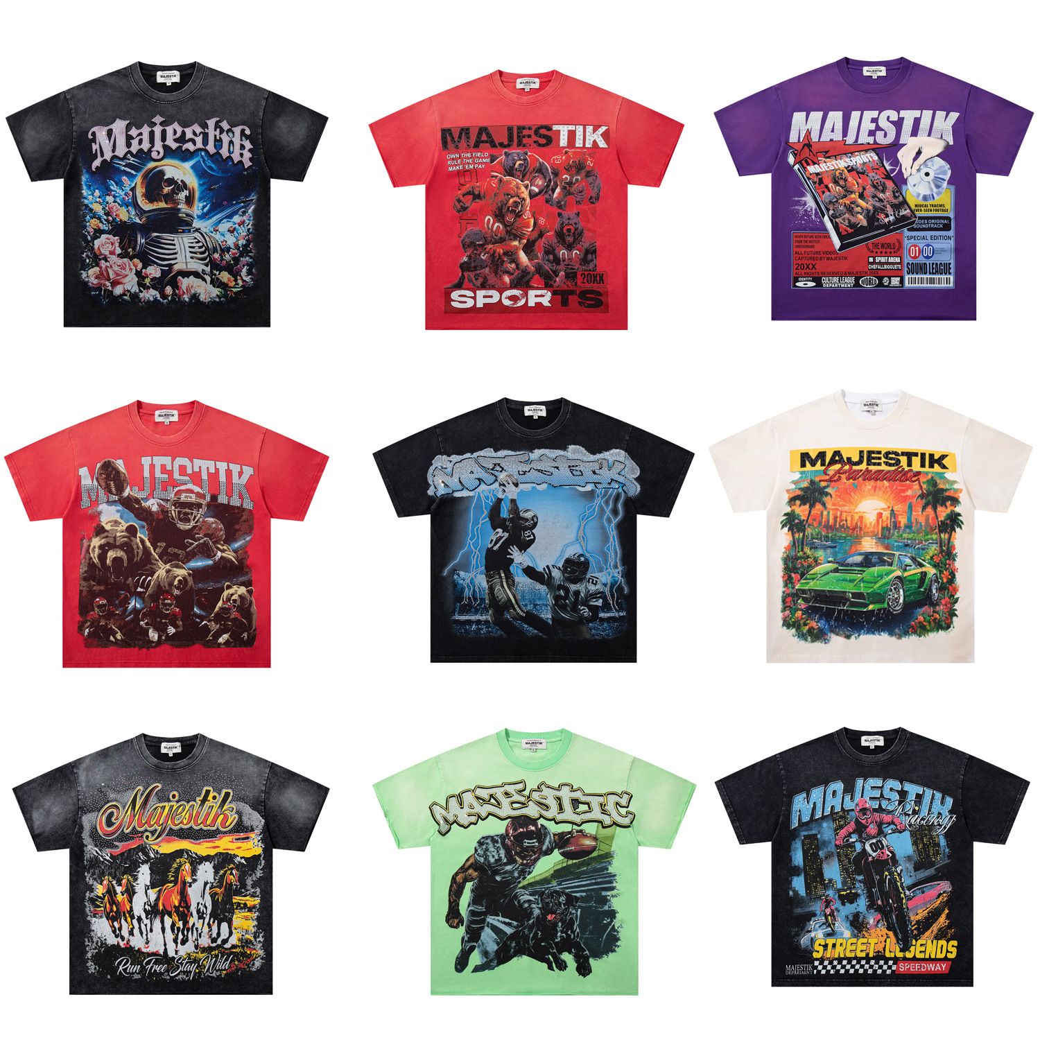 跨境批发MAJESTIK短袖T恤美式高街潮牌新款洗水做旧磨破镶钻上衣