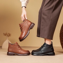 New anti-slip mid-aged women's leather boots with thermal lining, mother's short Martin boots, first-layer cowhide mid-aged women's boots