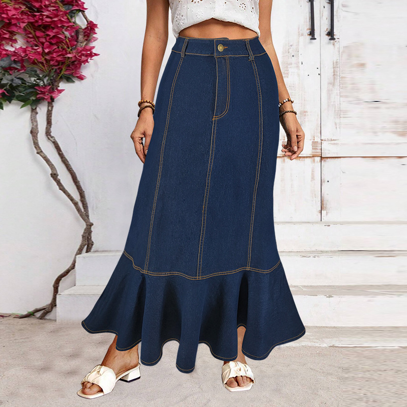 Women's Button-Down Denim Mermaid Skirt, Stretchy Washed Denim Maxi Skirt With Flared Hem, Elegant Tailored Fit_ecoleips.com