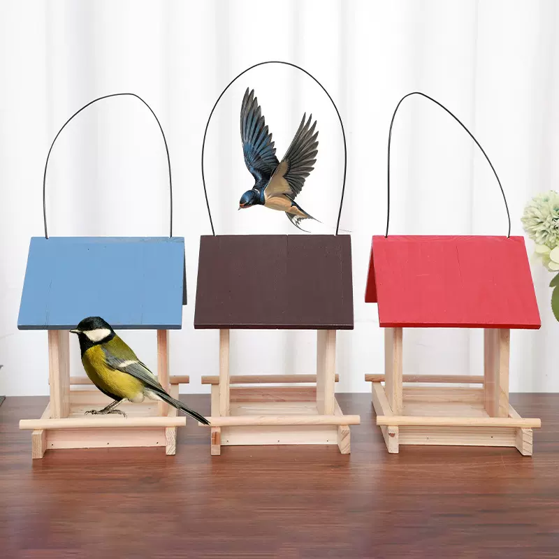 实木喂鸟器户外悬挂投食器鸟类躲雨小房子木质鸟巢野外布施引鸟器