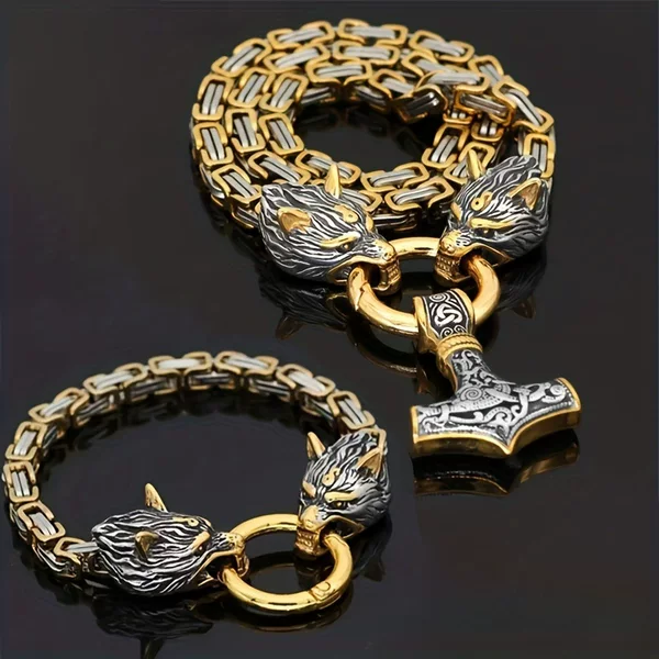 Foreign Trade Explosions Retro Nordic Viking Rune Hammer Pendant Wolf Head Necklace Bracelet Jewelry suit Stainless Steel Chain