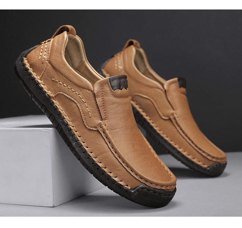 Giày lười nam da bò khâu thủ công cổ thấp mũi tròn, đế bằng — 9914 kaki, 9914 màu đen, 9914 nâu sẫm, Màu xám 9914 chi tiết 22