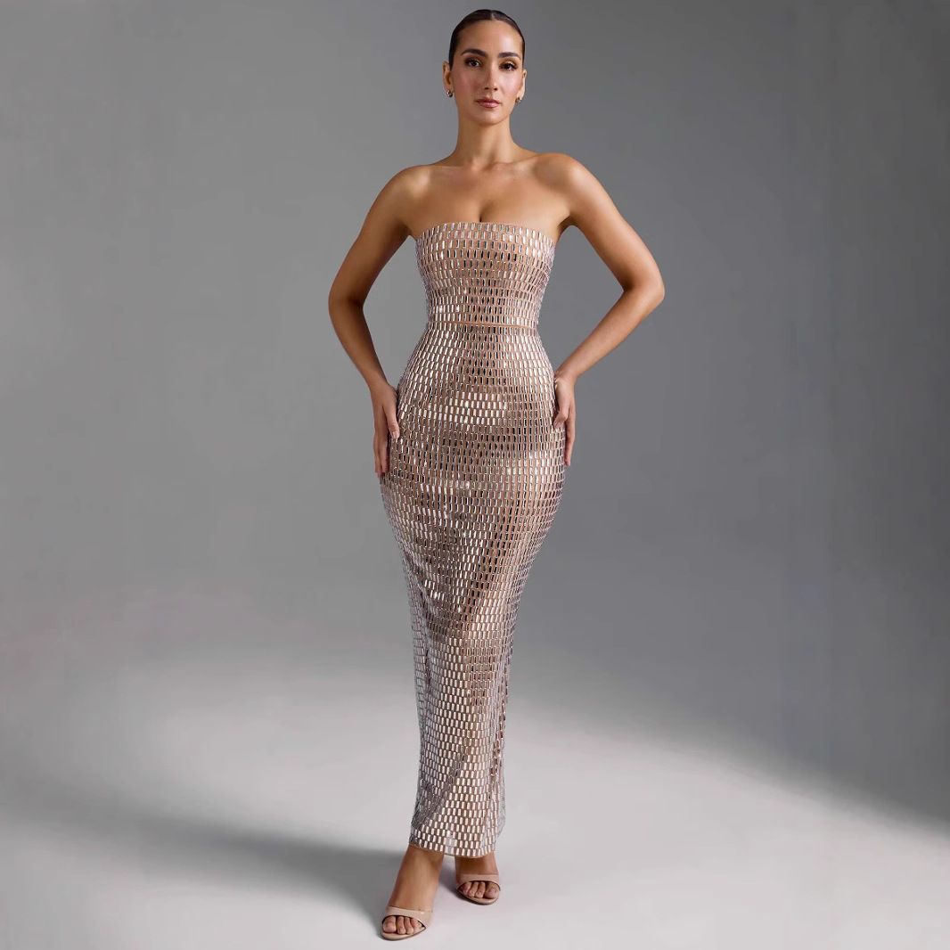 Autumn Winter Evening Dress Sexy Tube Top Halter Mesh Thin Glittering Hip Dress main image 0