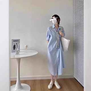 法式轻熟风蓝色衬衫连衣裙女夏季长款过膝单排扣高级感披肩衬衫裙