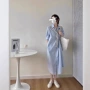 过膝法式夏季蓝色连衣裙