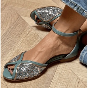 2024 Summer New Style Sequined Color-Blocked Fish Mouth Breathable One-Word Buckle Large Size Women's Shoes Cross-Border Supply