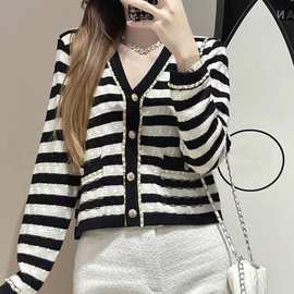 小香风领开衫女外套条纹撞色上衣链条羊皮拼接百搭刺长袖针织衫