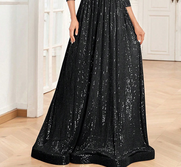 Temperamento de comercio exterior europeo y americano vestido de mangas de siete partes, vestido de damas de honor, vestido de banquete delgado y delgado.