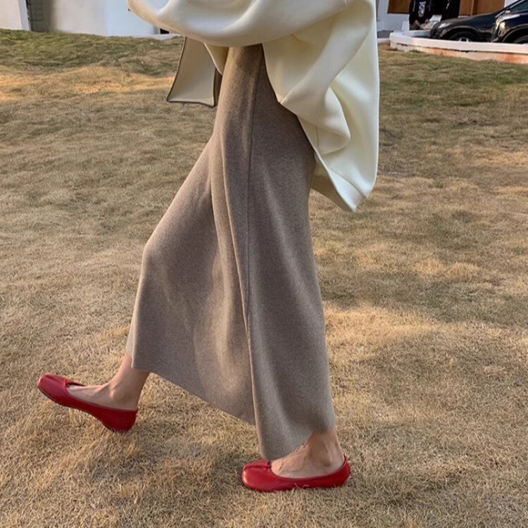 Super Nice Wool Skirt for Women in Autumn and Winter French Mid-Length High-Waisted A-Line Hip-Covering Thickeneded Knitted Long Skirt