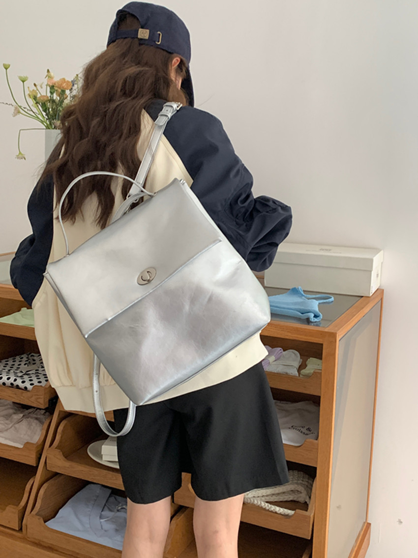 Women's Silver Backpack For College Students Autumn Winter Style_voghion.com