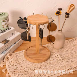 木制玄关钥匙收纳架 太阳镜置物架带挂钩 桌面珠宝展示架带托盘