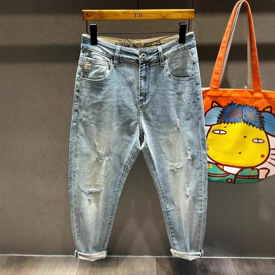 Men's Trendy Ripped Cropped Jeans Light Colored Summer Thin Distressed Tapered Harem Pants New_mkmklike.com