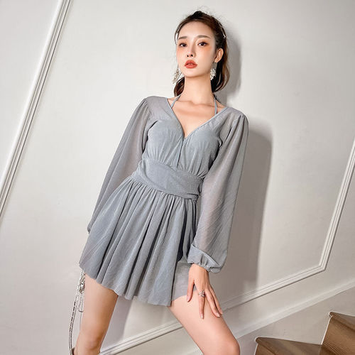 Women's Pure Desire Long-Sleeve Swimwear 2024 Conservative New Style Cover Stomach Slimming Sexy Fairy Bubble Hot Spring One-Piece Swimsuit Wholesale