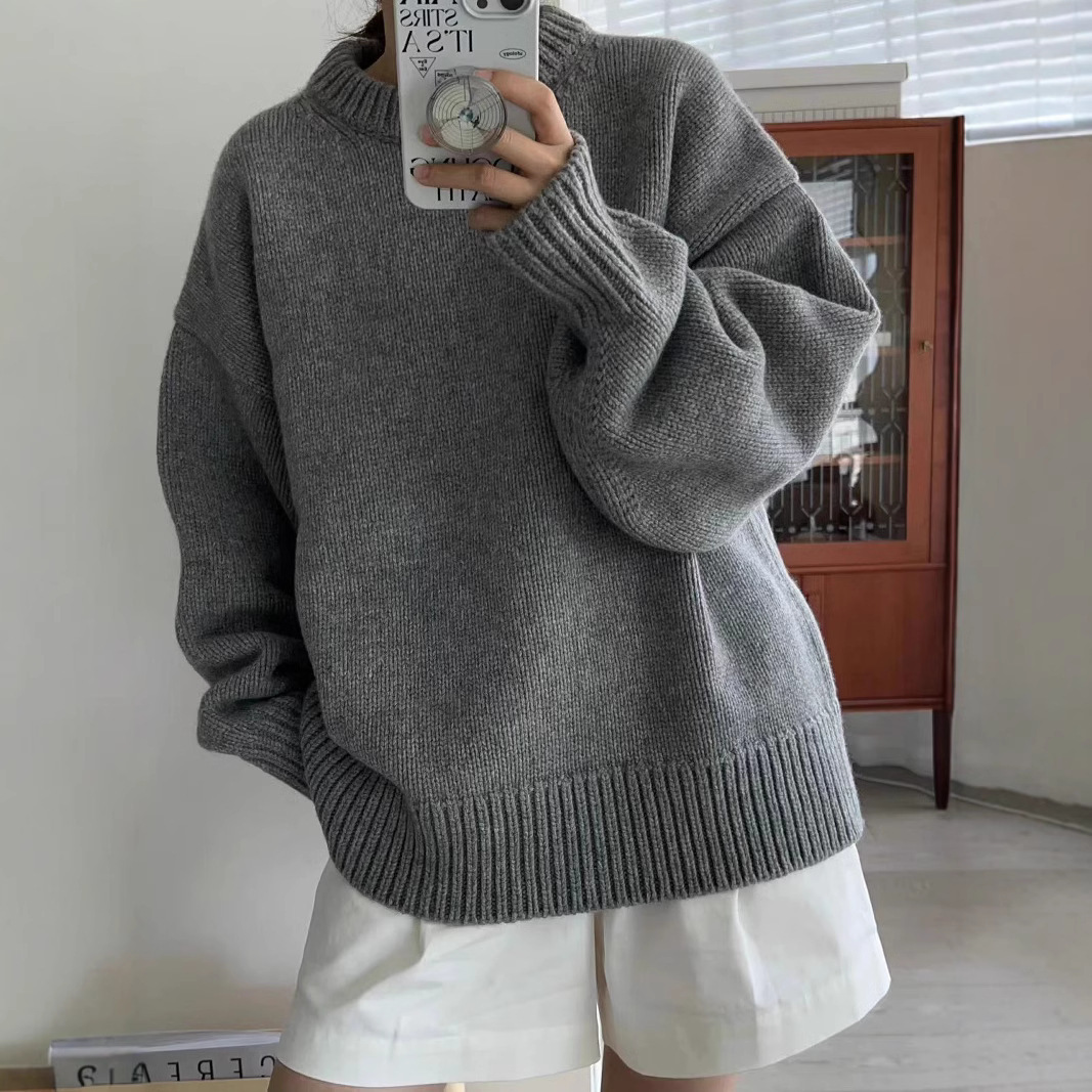 Women's Round Neck Thicken Knit Loose Autumn Winter Gray ...