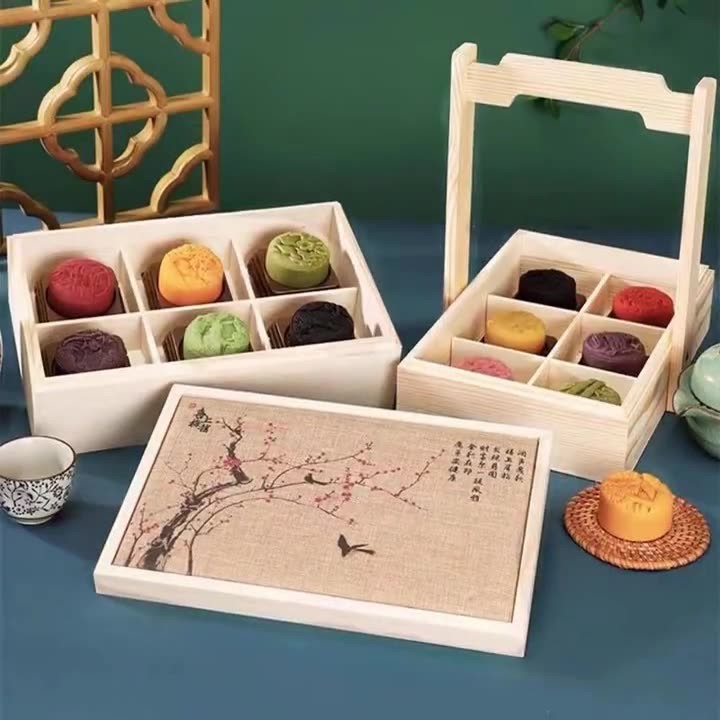 木质手提式中秋月饼礼盒实木双层包装盒提篮木盒礼品盒