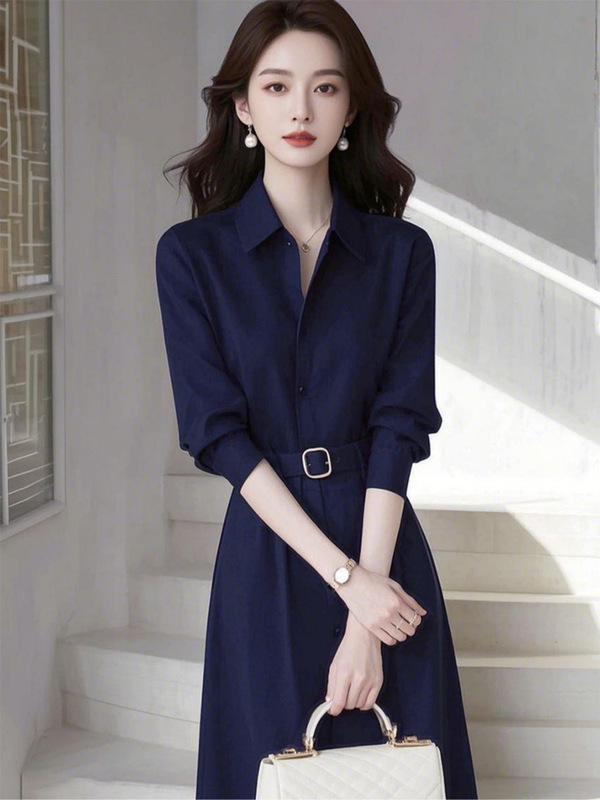 正式场合女装收腰连衣裙2025新款大方得体新款气质蓝色a字裙子秋|undefined