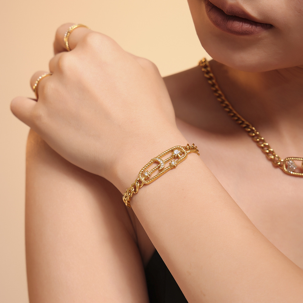 Square Sugar Jewelry Ins Style 316L Star Moon Lightning Titanium Steel Necklace Bracelet Combination PVD Electroplating Color Preservation_voghion.com