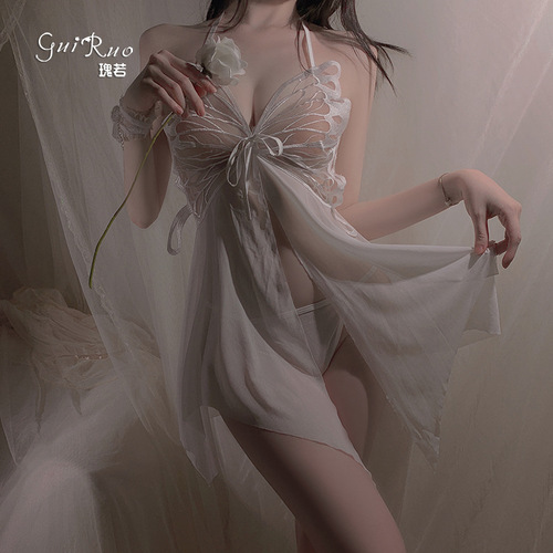 Gorgeous erotic lingerie sexy mesh see-through butterfly lace temptation halterneck suspender nightgown uniform suit 3713
