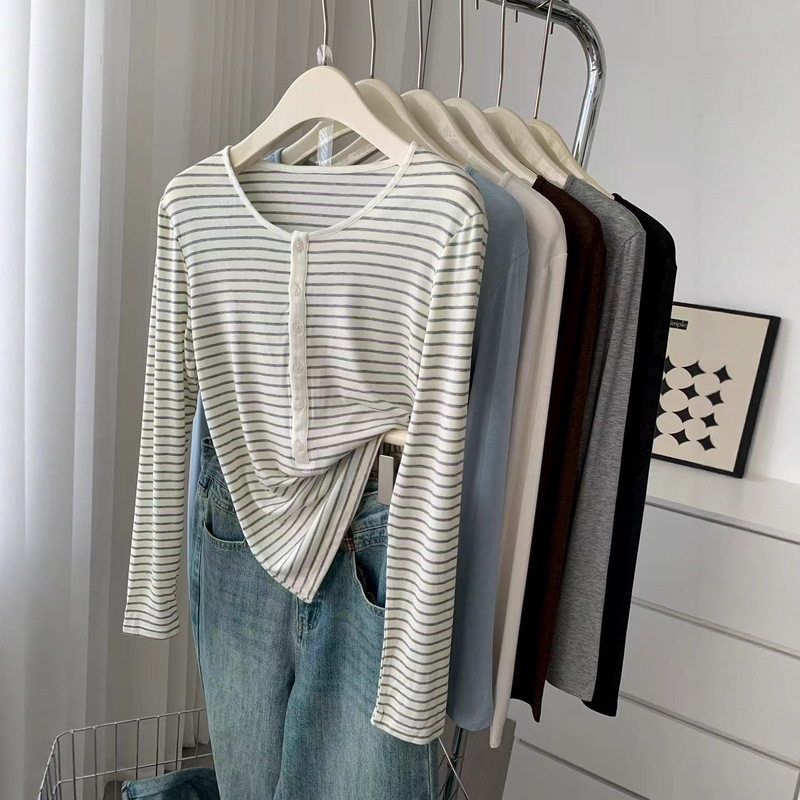Bi Tencel Wool Button Round Neck Long-Sleeved Bottoming Shirt for Women Early Autumn New Elastic Slim Fit Comfortable Soft Top