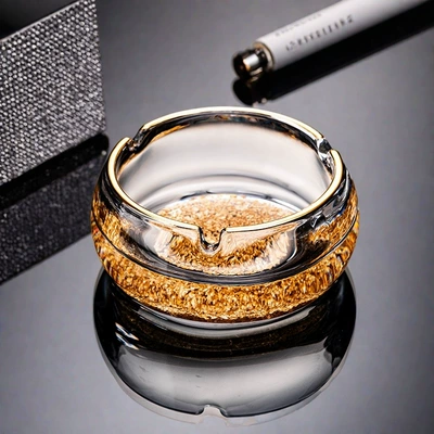Crystal Glass Ashtray High-End Accessible Car ashtray - thick-small-size-gold-edge-gold-foil-ashtray