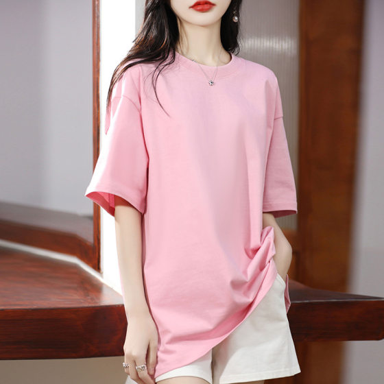 Factory wholesale generation of new 25 spring and summer women's long T-shirt Korean cotton short sleeve large drop shoulder T