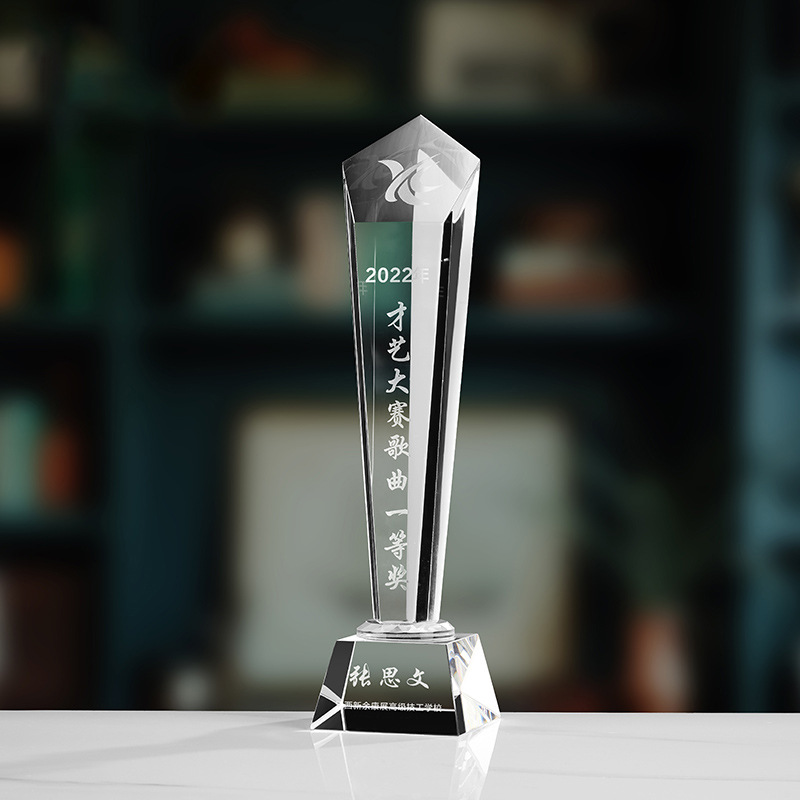 Trofeo de cristal de grabación reunión anual de competición de premios medallas de metal de madera sólida colorido trofeo de cristal impreso
