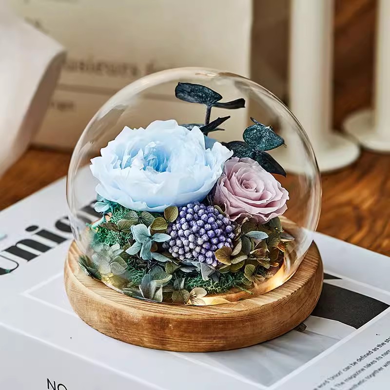 Flor eterna cubierta de vidrio rosa caja de regalo terminada Día de San Valentín boda novia regalo creativo decoración flor eterna