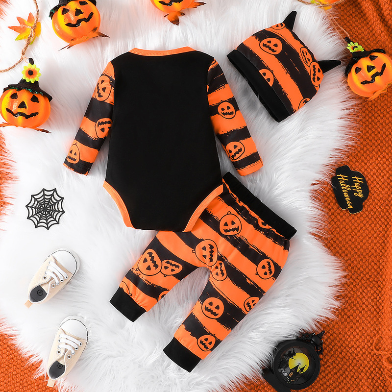 国境を越えた幼児と幼児の春と秋の新しいハロウィンカボチャプリント長袖ローブ+ストライプパンツ+帽子3点セット|undefined