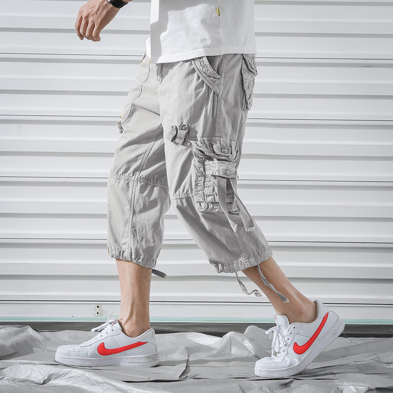 Casual Cropped Pants Men's Cargo Trendy Brand Casual Pants Korean Style Shorts Sports Pants 7-Point Mid-Length Pants Men's White Gray