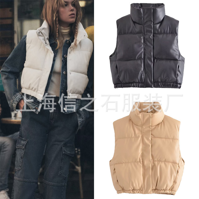 Autumn 2023 New Women's ZA Collar Sleeveless Down Cotton Vest with Pu Imitation Leather Vest 4341804