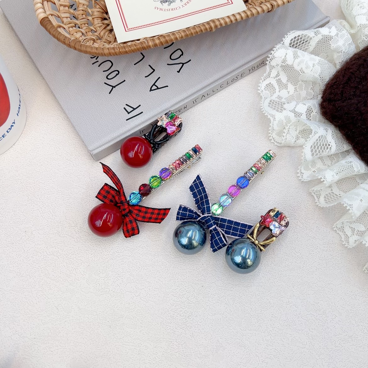韓版氣質彩色水鑽蝴蝶結珍珠髮夾輕奢高級感鴨嘴夾側邊夾髮飾發卡