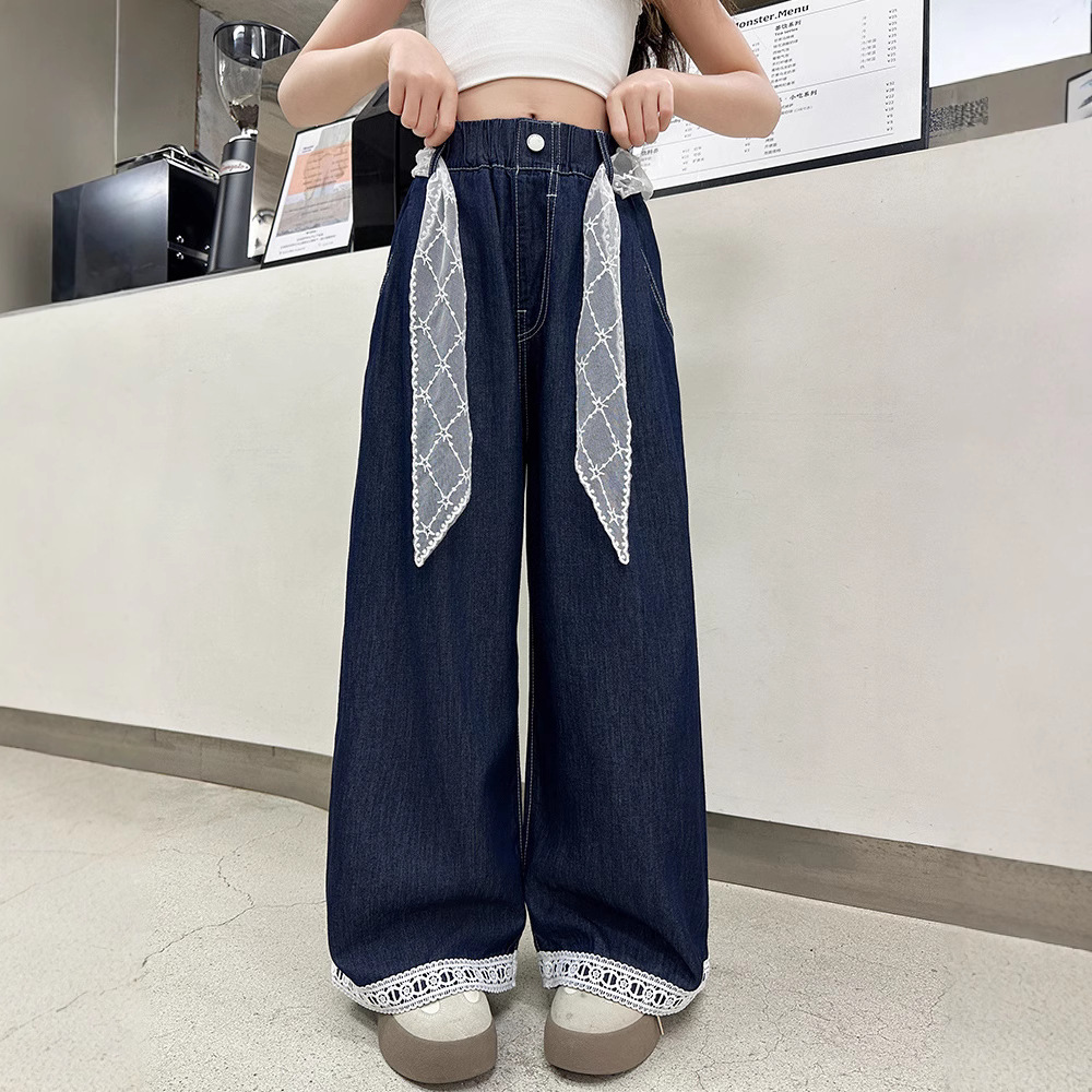 Girls' Tencel Jeans Summer Thin 2025 New Summer Dress Big Children's Street Pure Color Lace Children's Pants Summer