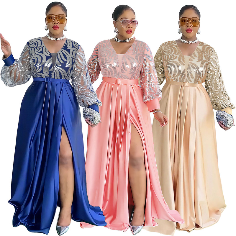 Cross-Border Women's Clothing European and American Large Size Long Skirt African Sequin Lace Long-Sleeved V Neck Dress Aliexpress Elegant