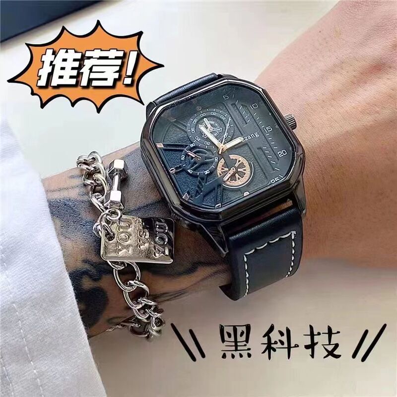 Popular Summer Fashion Men's Watch with Black Technology, Trendy Student Watch, Square Shape, High-End Leather Strap, Large Dial for Both Men and Women