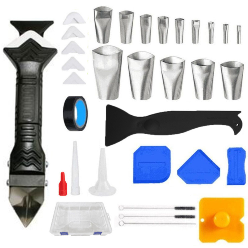 34件套盒装3合1金属刀头填缝工具不锈钢喷嘴密封美缝刮刀刮胶器