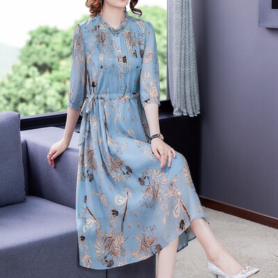 Long Dress 2021 Spring and summer Large Three Quarter Sleeve Frenum Waist fashion temperament mulberry silk printing skirt