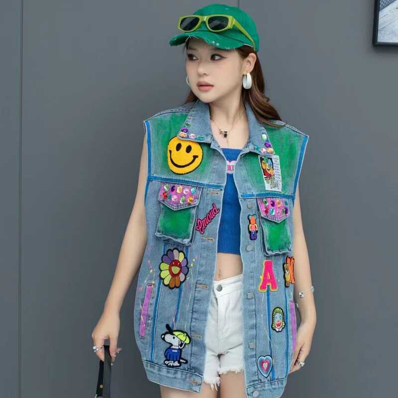 Marca de moda tailandesa primavera y verano 2024 nuevo chaleco de vaqueros sin mangas de la industria pesada de graffiti personalidad de abrazadera de caballo abrigo de moda transfronteriza