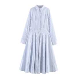 跨境欧美女装速卖通爆款时尚条纹衬衫式迷笛连衣裙