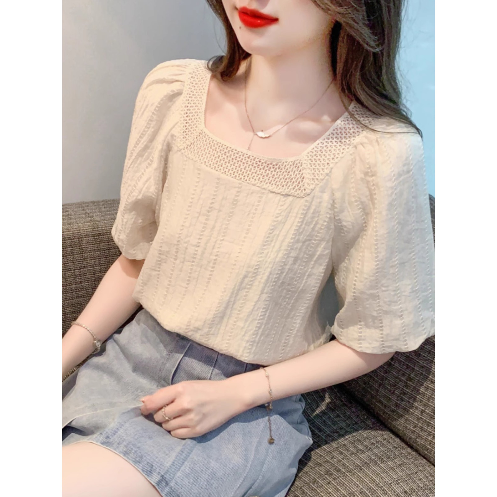 Áo sơ mi voan ngắn tay kiểu Pháp che bụng tôn dáng nữ — Màu mơ