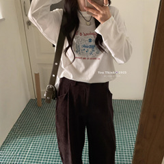【You Think】十三行ins时尚卡通印花减龄磨毛休闲百搭长袖T恤女