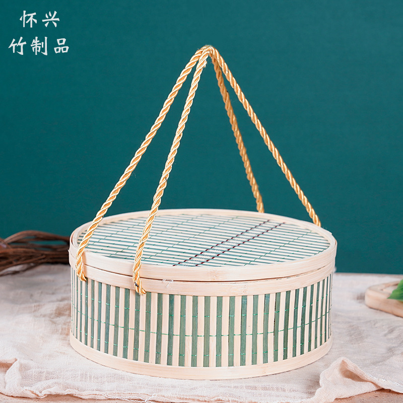 厂家直供 青团糕点水果竹篮 圆形单层竹篮包装 手提编织年货礼盒