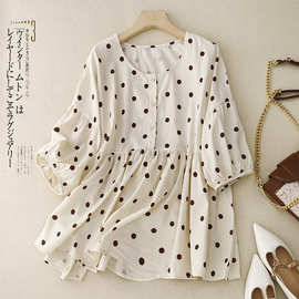 日韩娃娃衫上衣女夏韩版通勤圆领套头半开襟灯笼袖甜美波点衬衫