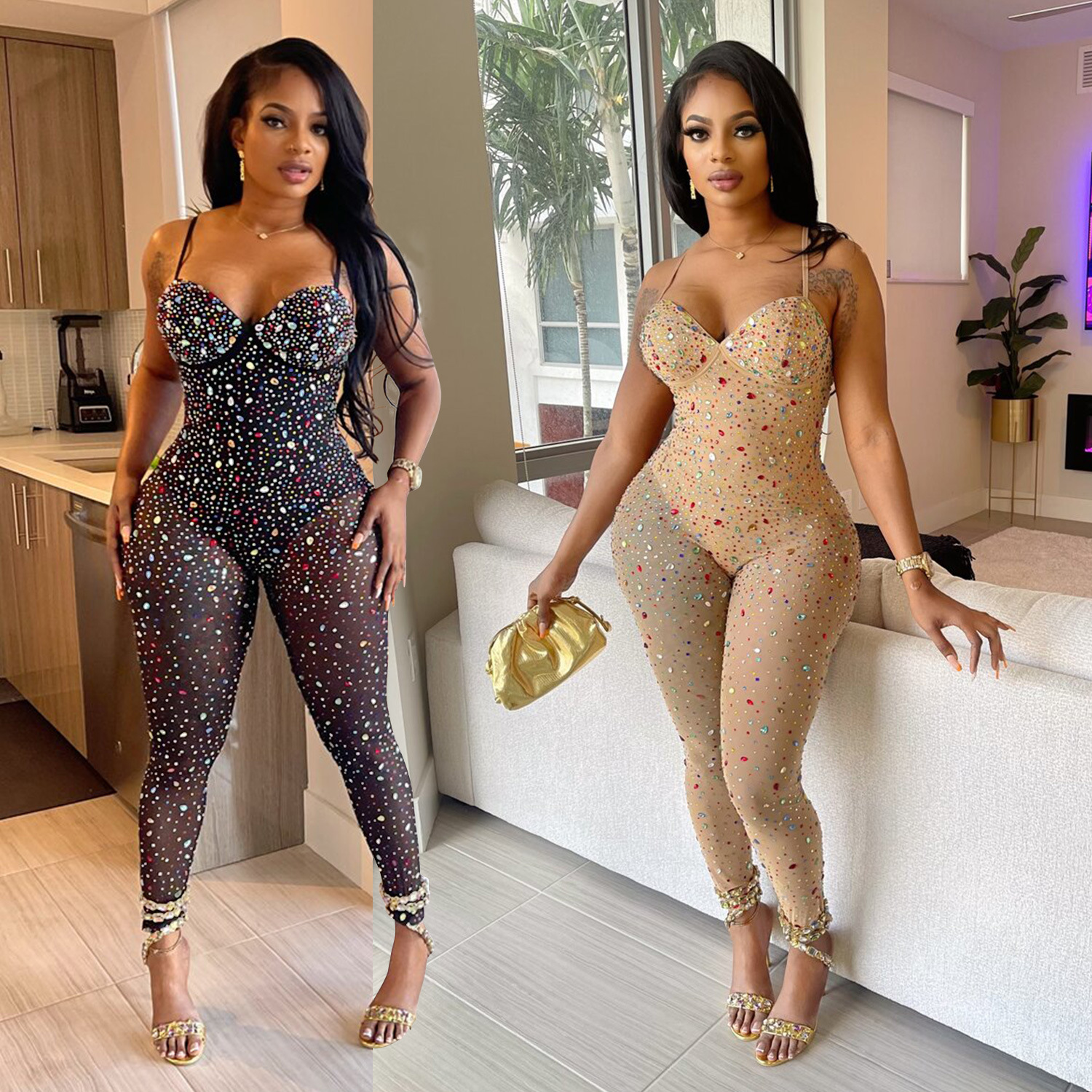 C6780 transfronteriza AliExpress Amazon Europa y América moda de las mujeres de color sólido de malla rhinestone sin mangas pantalones mono
