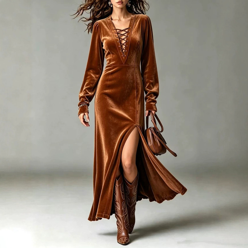 Cross-border e-commerce 2026 autumn/winter best-selling solid-color velvet dress with crisscross detailing, long sleeves, and a stylish high slit Cross-border e-commerce 2026 autumn/winter best-selling solid-color velvet dress with crisscross detailing, long sleeves, and a stylish high slit