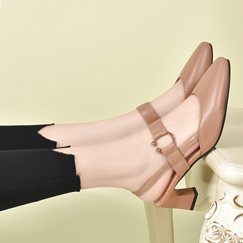 Sandal nữ da thật mũi nhọn gót vuông 5 cm, hở gót, phong cách mùa hè — Đen 5cm