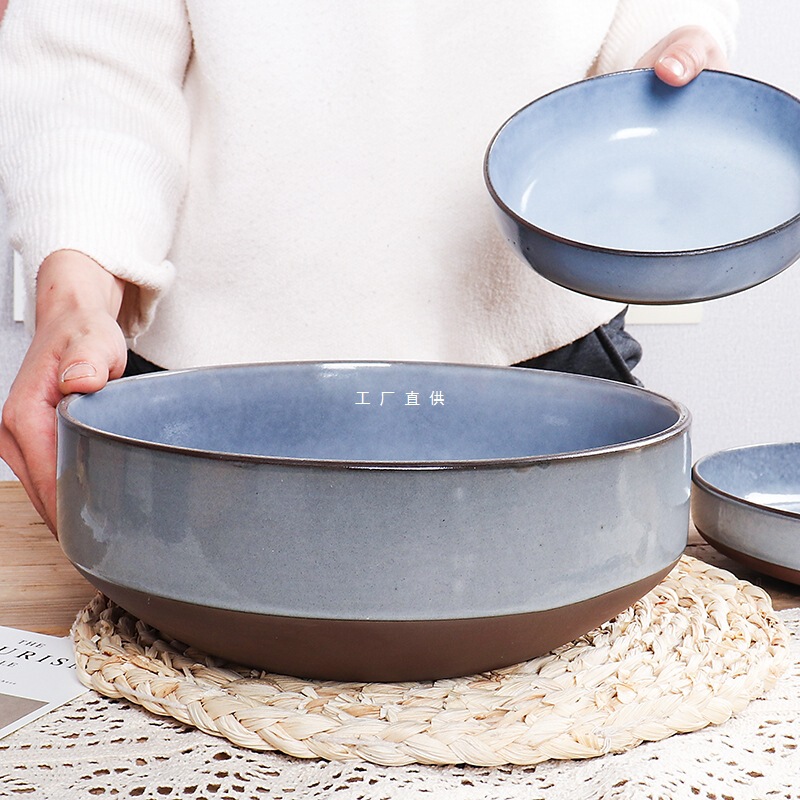 [Thick Large Bowl Kiln Glaze] 10-inch Large Soup Bowl Retro Ceramic Soup Pot Salah Bowl Noodle Bowl Micro-blemish