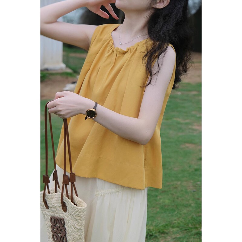 Mango Flavored Summer Yellow Pleated Neckline Tencel Texture Baby Doll Vest Sleeveless Top