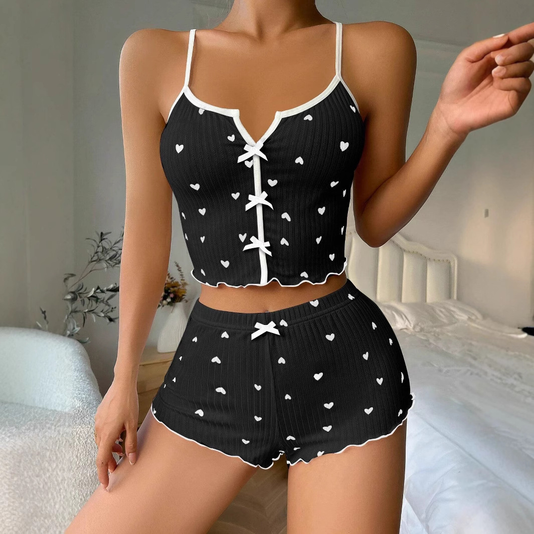 2024亚马逊速卖通新品 心形印花撞色居家服 前襟开叉吊带睡衣套装